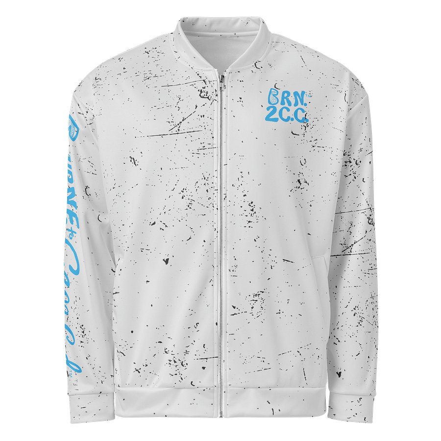All-Over Print Bomber Jacket | Coastal Cool, City Bold | BOURNE to Cape Cod™ + BRN.2C.C.™ Style | Deep Sky Blue Logos on Distressed White product image (1)