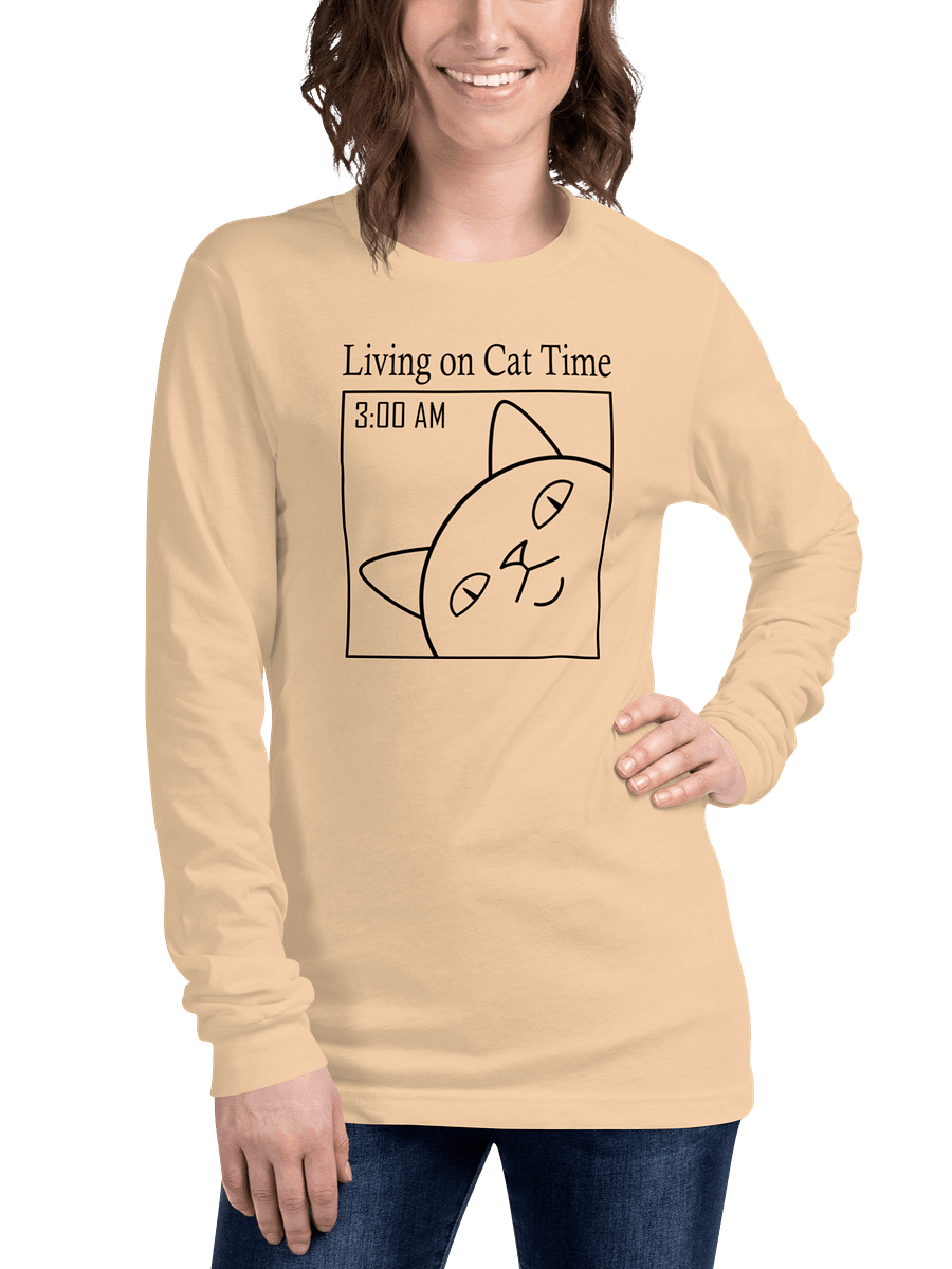 Living on Cat Time Unisex Long Sleeve Tee, Black Print product image (3)