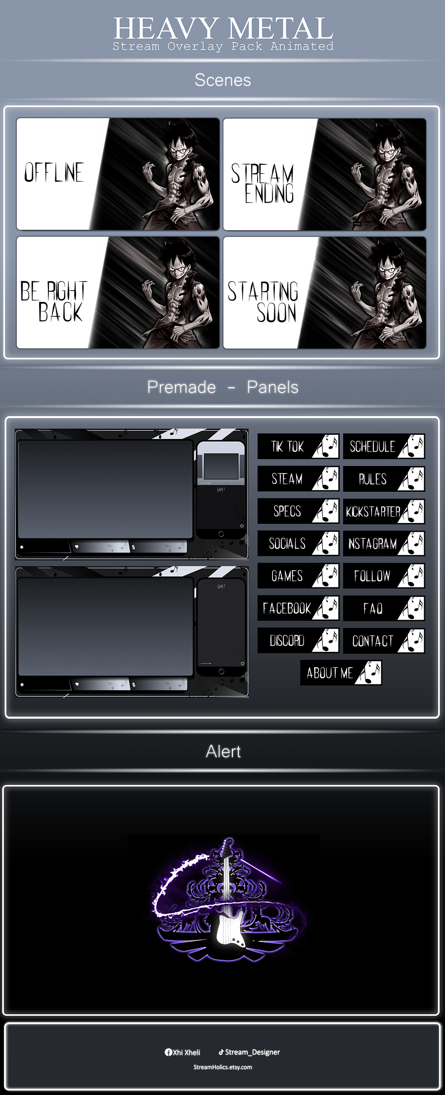 Dark Anime Stream Overlay Pack, One Piece Overlay, Heavy metal twitch overlay, Dark Anime Overlay, Black white stream overlay animated product image (2)