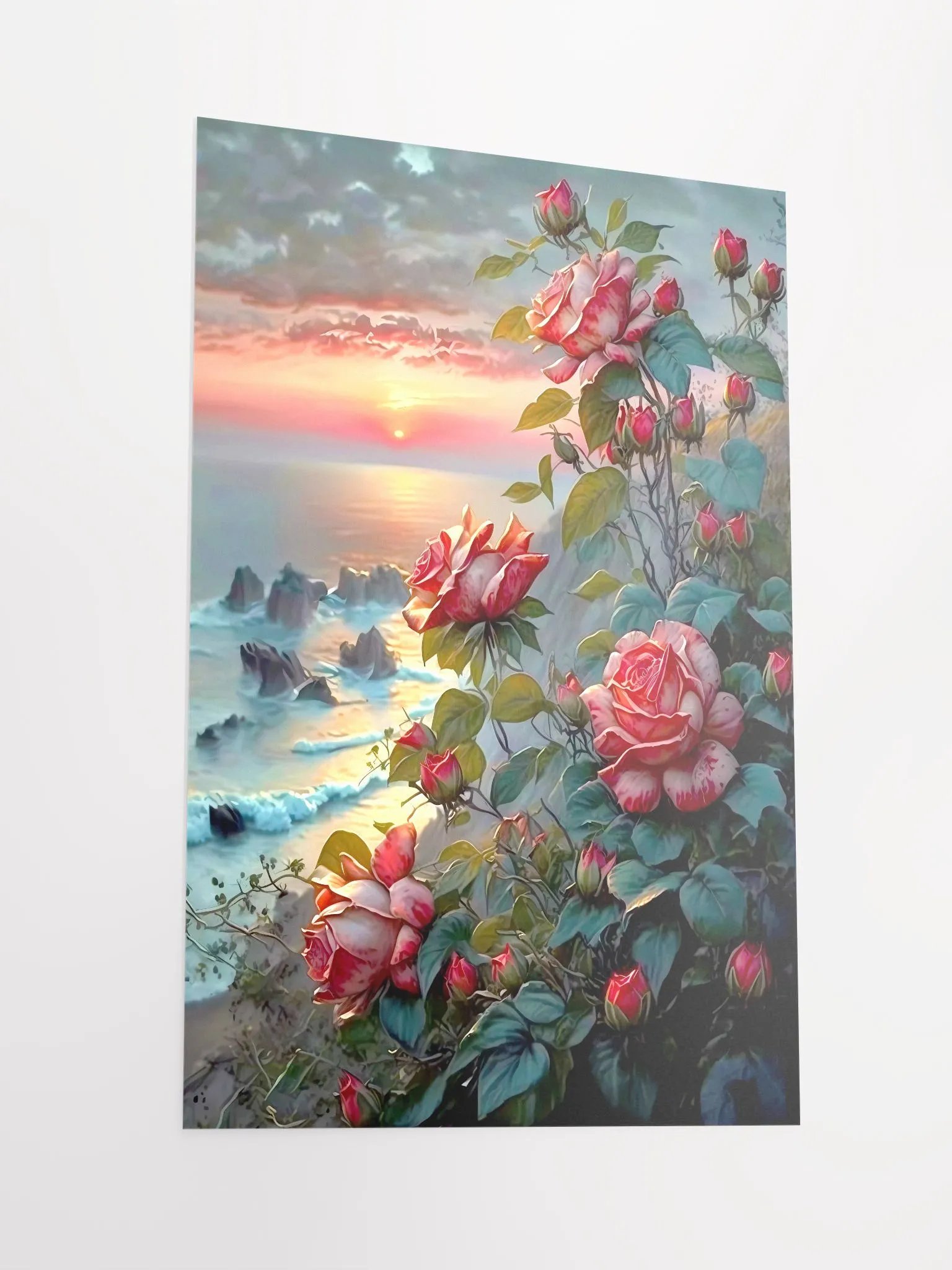 Coastal Sunset Romance: Majestic Roses Against Oceanic Vistas Poster