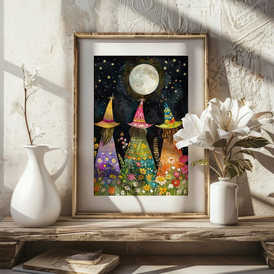 Whimsical Witches Under The Fullmoon Colorful Art Print product image (25)