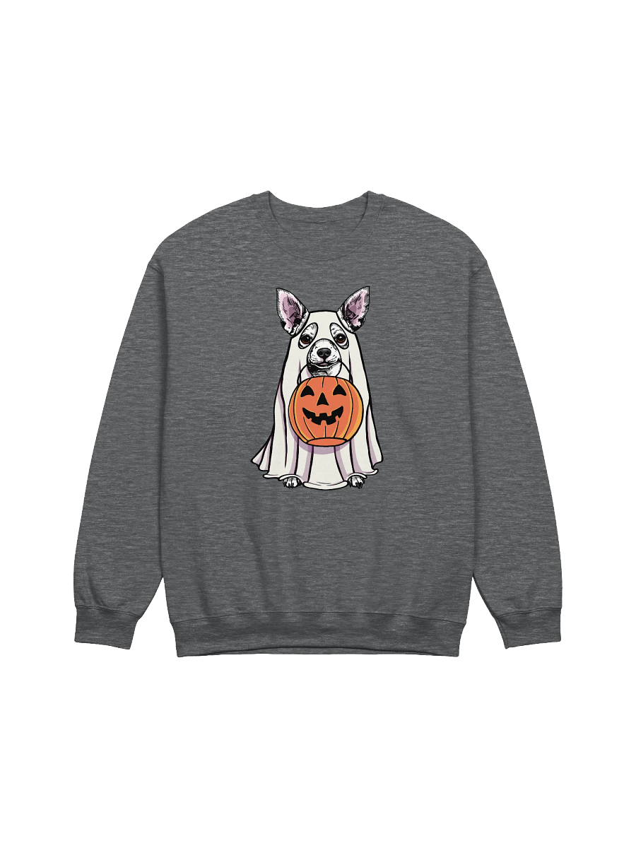 Funny Halloween Chihuahua(White) Sweatshirt | Funny Chihuahua Wearing a Ghost Costume and Holding a Pumpkin Basket product image (7)