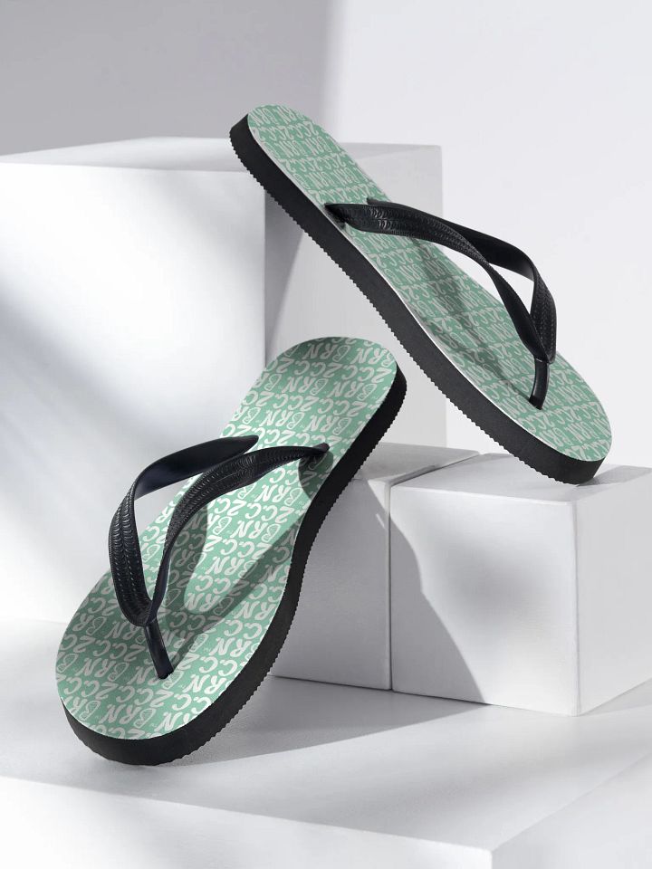 BOURNE to Flip Flop™ | Cape Cod Vibes for Your Soles | Mini BRN.2C.C. Logo Repeat Sandals | White Logo on Vista Blue Green product image (2)