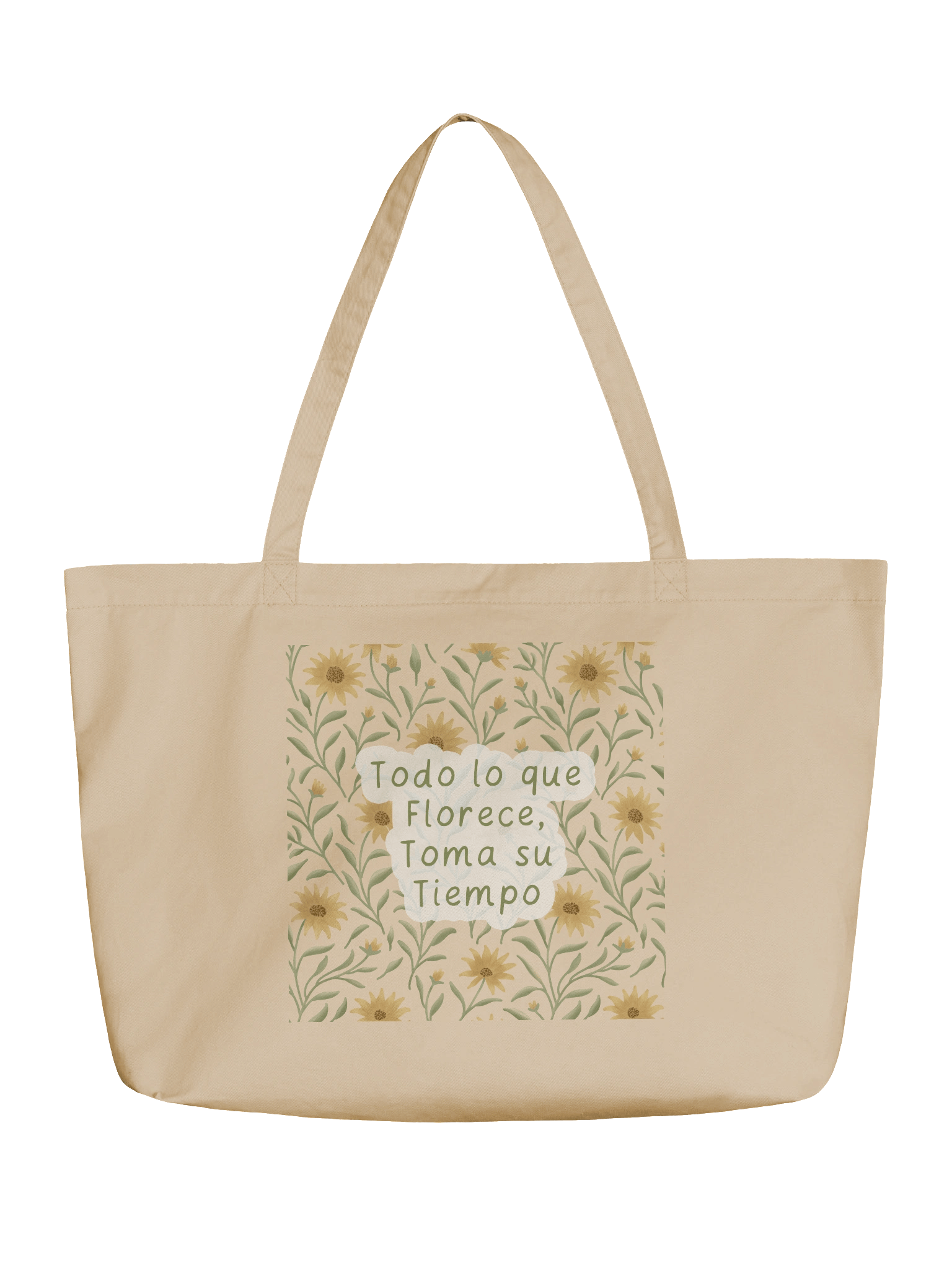 Organic cotton tote bag with golden field floral design. Inspirational quote in spanish & english product image (1)