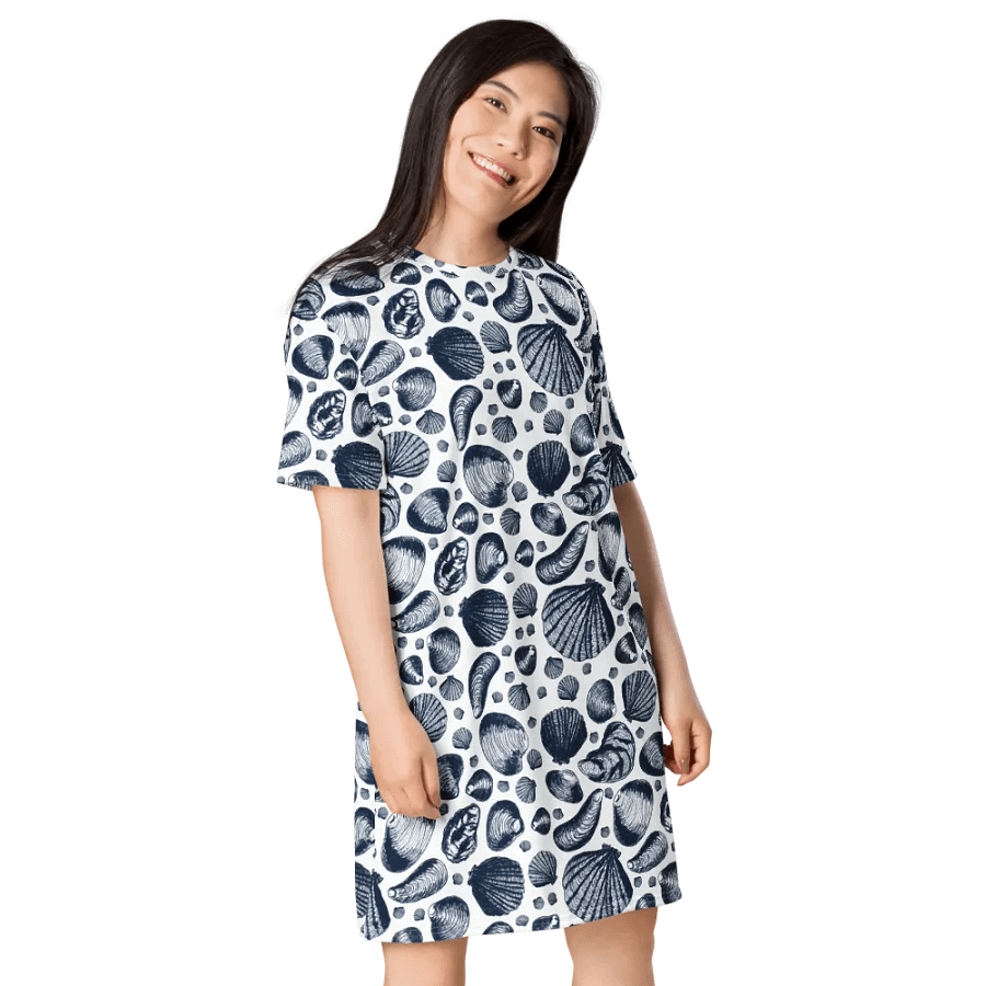 Women's | New England Tidal Treasures | T-Shirt Dress | Seashell Print, Oversized & Comfy | Dark Blue on White product image (4)