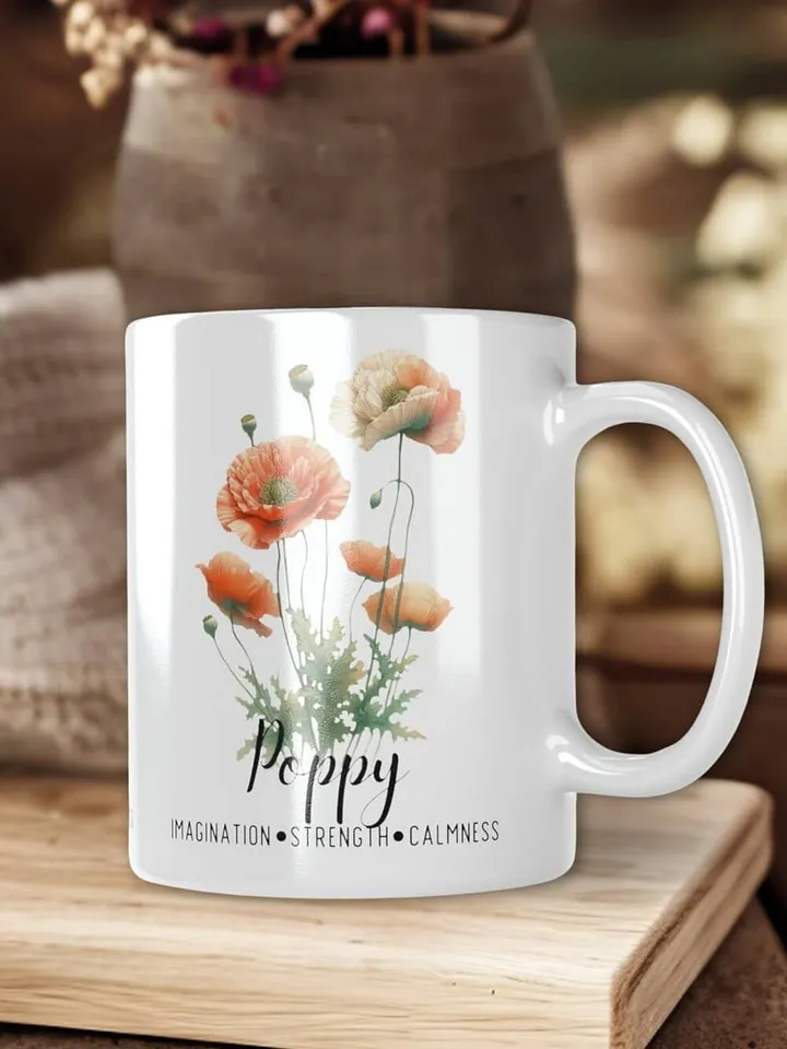 Poppy Ceramic White Mug: Imagination, Strength, Calmness August Birth Month Flower product image (2)