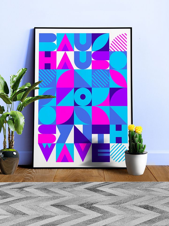 Bauhaus Synthwave #4 poster (pink-blue) — abstract poster, retrowave print, vaporwave geometric art, 1980s print, 1930s wall decor product image (1)