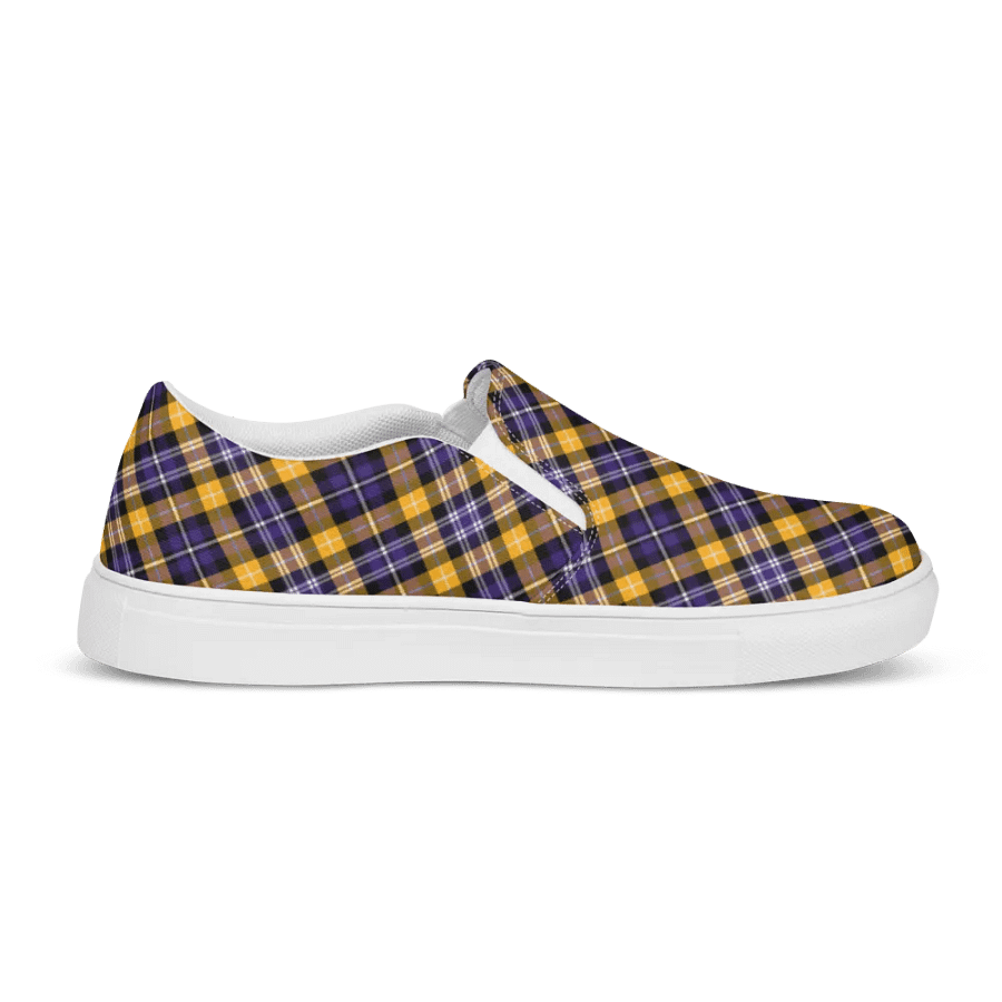 Purple and Yellow Gold Sporty Plaid Men's Slip On Shoes product image (5)