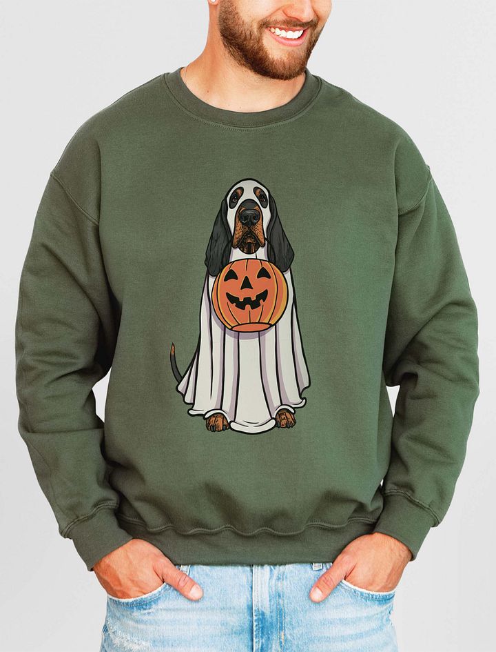 Funny Halloween Bloodhound(Black & Tan) Sweatshirt | Funny Bloodhound Wearing a Ghost Costume and Holding a Pumpkin Basket product image (11)