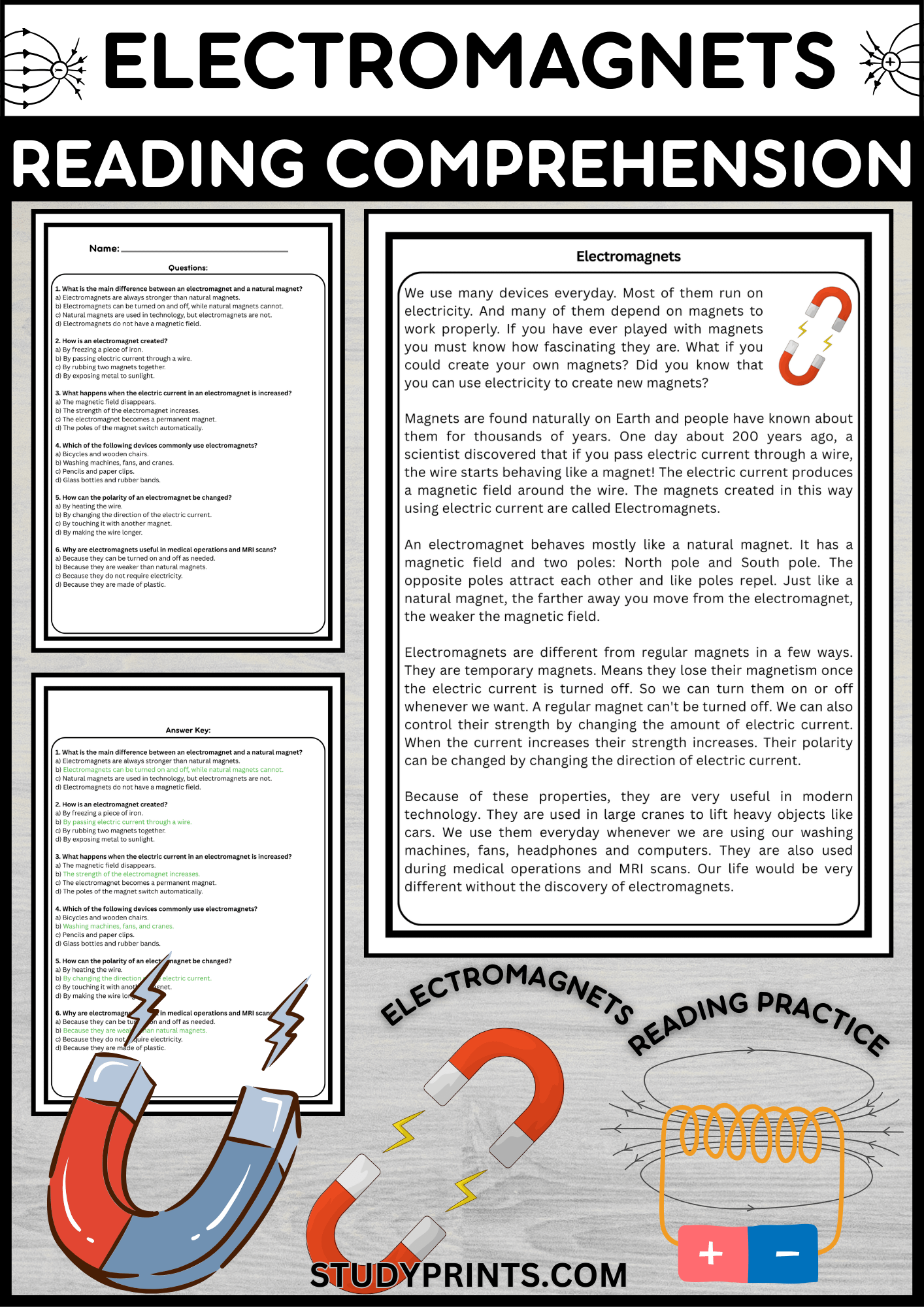 Electromagnets Science Reading Passage with Multiple Choice Questions product image (1)