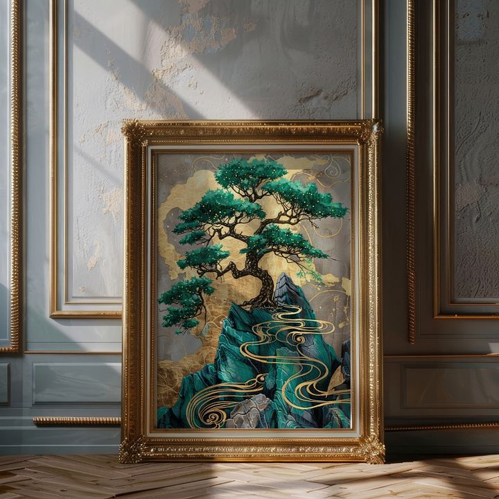 Emerald Green& Gold Kintsugi Bonzai Tree Japanese Art Print product image (18)