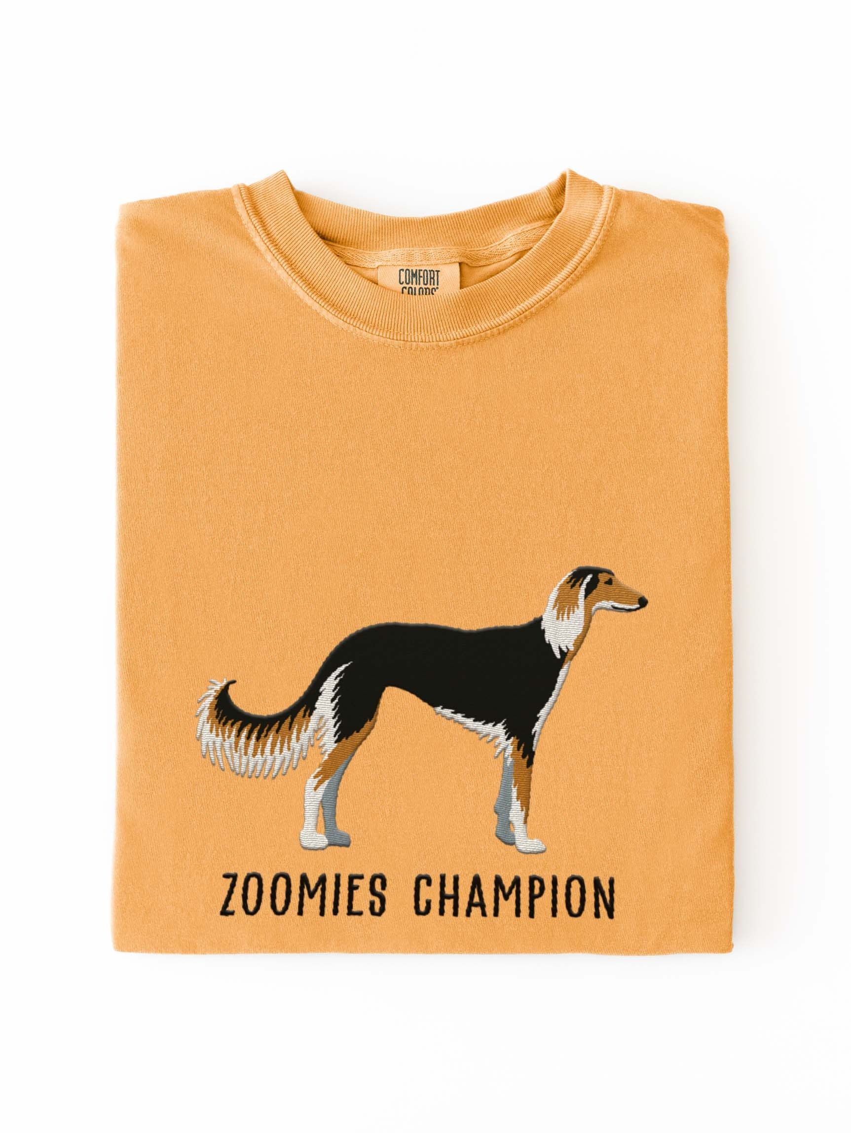 Zoomies Champion T-Shirt(Embroidered) of a Saluki(Tricolor) product image (1)