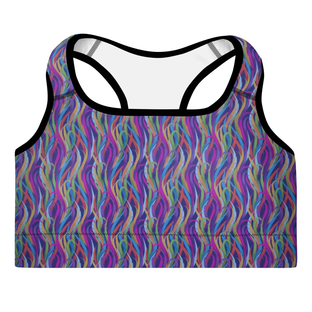 Padded sports bra inmodern design magenta and turquise on black design product image (2)