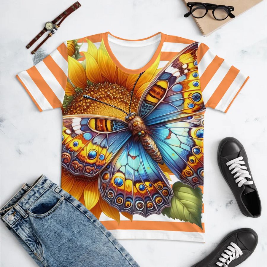 Butterfly Sunflower Bliss Women's Orange Stripped AOP Tee product image (5)