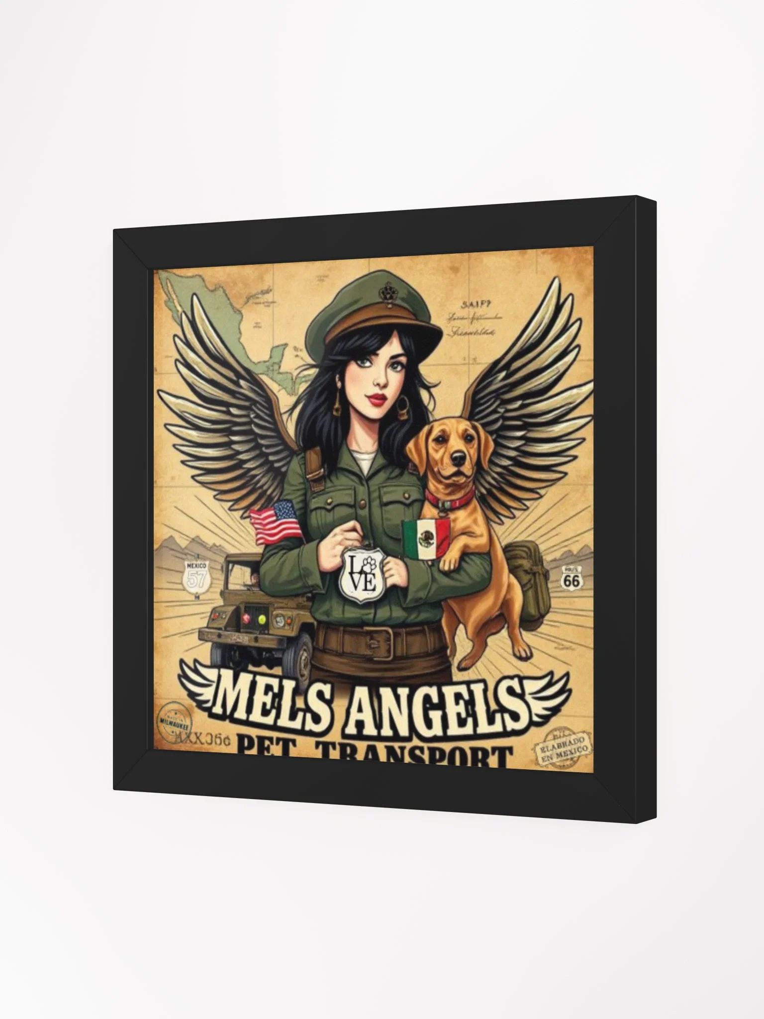 Mel’s Angels Vintage Pet Transport Framed Poster – Winged Rebel Dog Art, Route 66 Military Pin-Up Print product image (3)