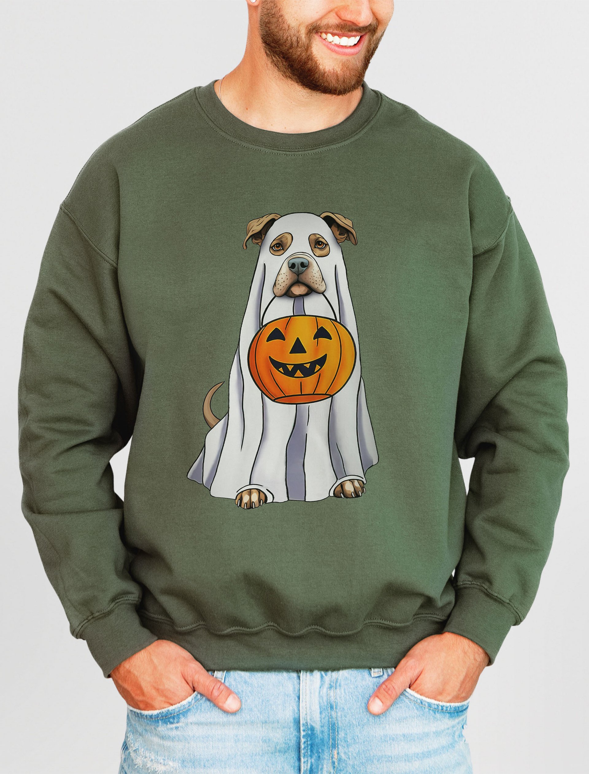 Pitbull(Fawn) Halloween Sweatshirt | Funny Halloween Staffordshire Wearing a Ghost Costume with Pumpkin Basket product image (19)