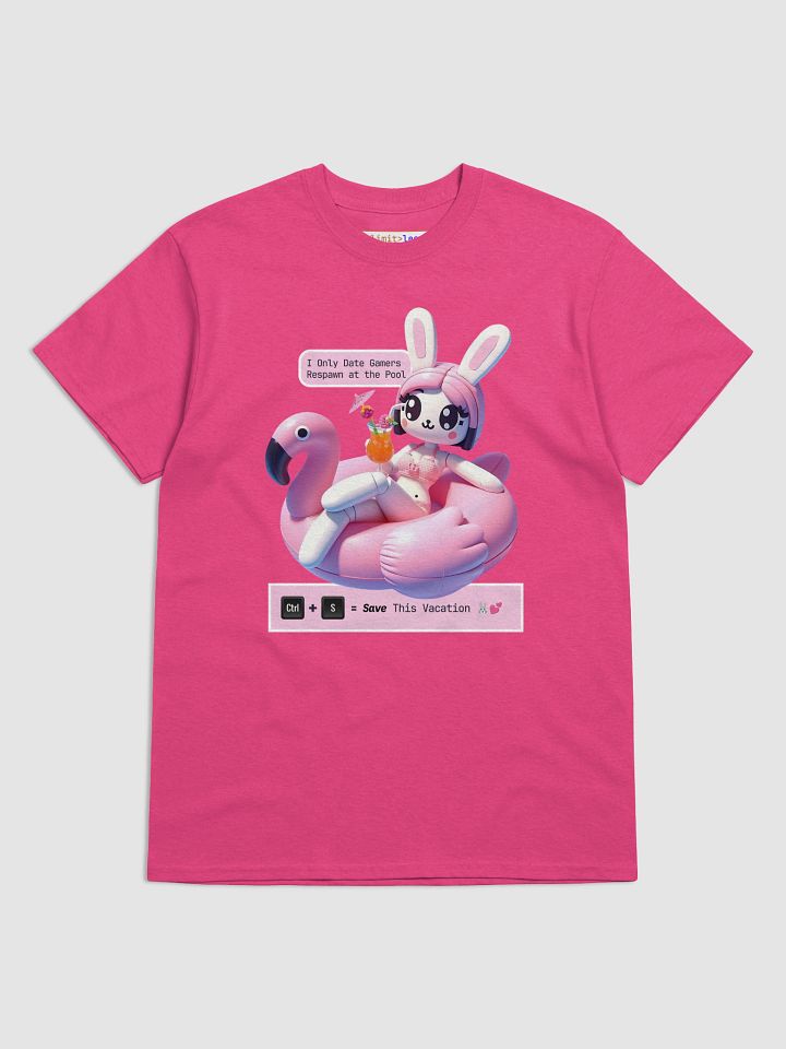 Flirty Bunny Gamer T-Shirt – Funny Poolside Geek Tee with Flamingo Float & Cocktail | Nerd Summer Vibes product image (2)