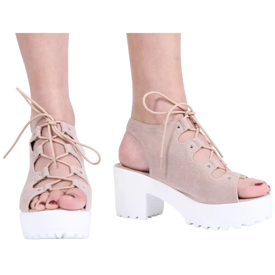 GIRLS KIDS MID LOW BLOCK HEEL CHUNKY LACE UP CUT OUT GLADIATOR SANDALS SHOES product image (5)
