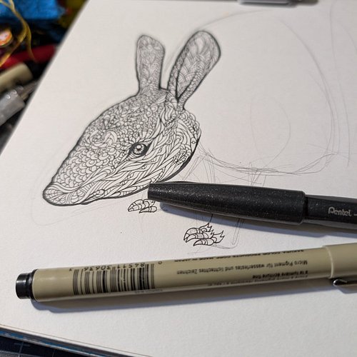 Started another swirly doodle animal, this one is an armadillo based mostly off sketches I did at our local zoo.
