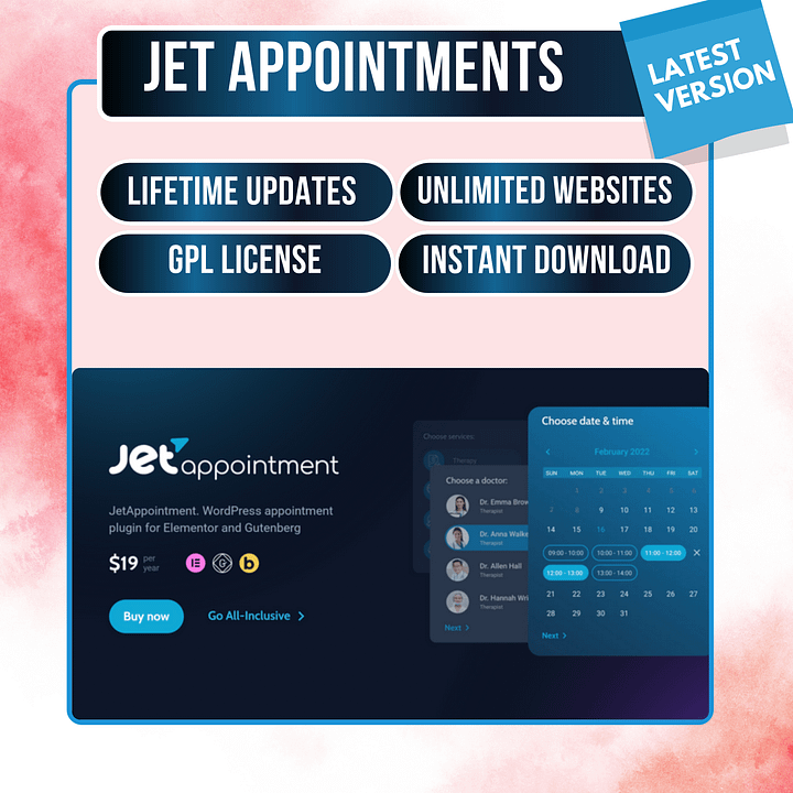 JetAppointments 2.2.2 – WordPress Appointment Booking Plugin | GPL License | Unlimited Websites | Lifetime Updates | Instant Download product image (1)