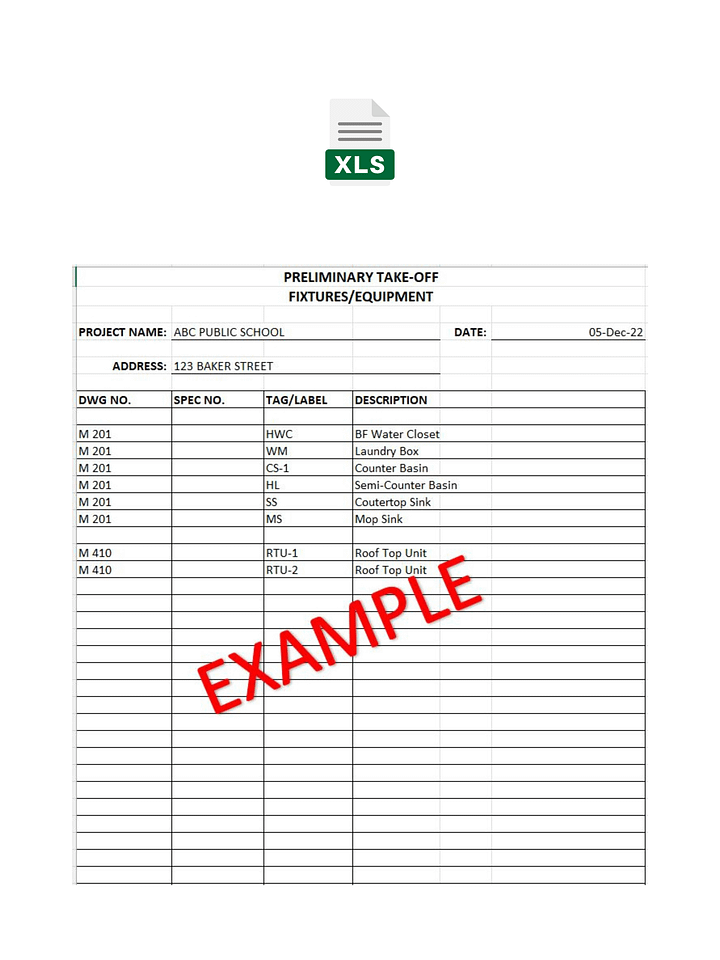 Preliminary Take-Off - Fixtures & Equipment - MS Excel product image (2)