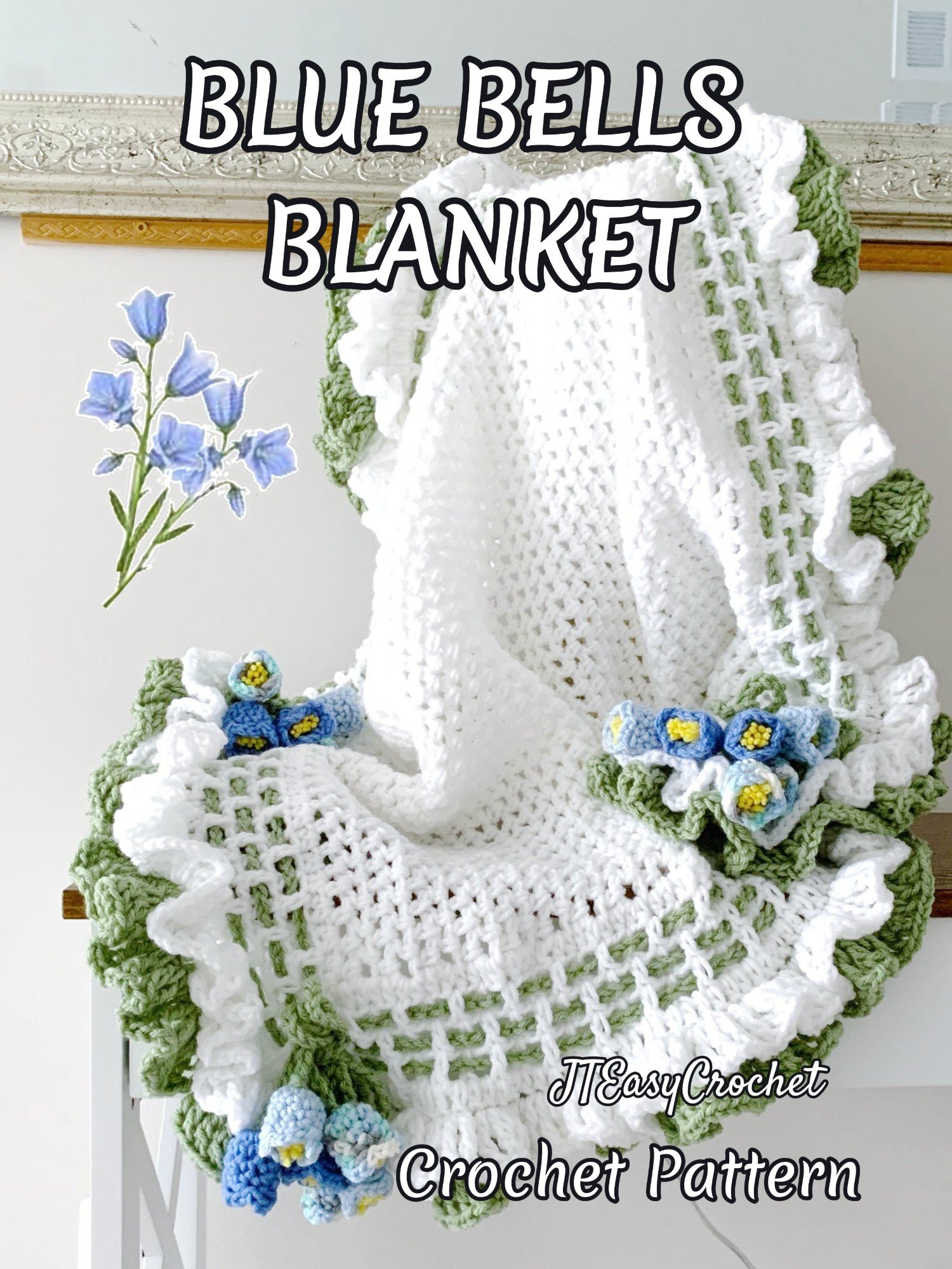 Blue Bells Flower Baby Girl Blanket Crochet Pattern, Infant Coming Home Blanket Floral Boho Throw Vintage Style product image (4)