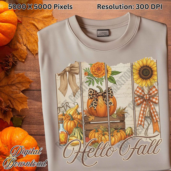 Hello Fall PNG Digital Download | Autumn Pumpkins & Sunflower Sublimation | Rustic Fall Leopard Bow PNG | 300 DPI Transparent File product image (2)