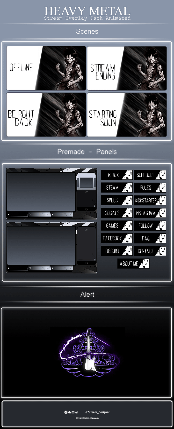 Dark Anime Stream Overlay Pack, One Piece Overlay, Heavy metal twitch overlay, Dark Anime Overlay, Black white stream overlay animated product image (2)