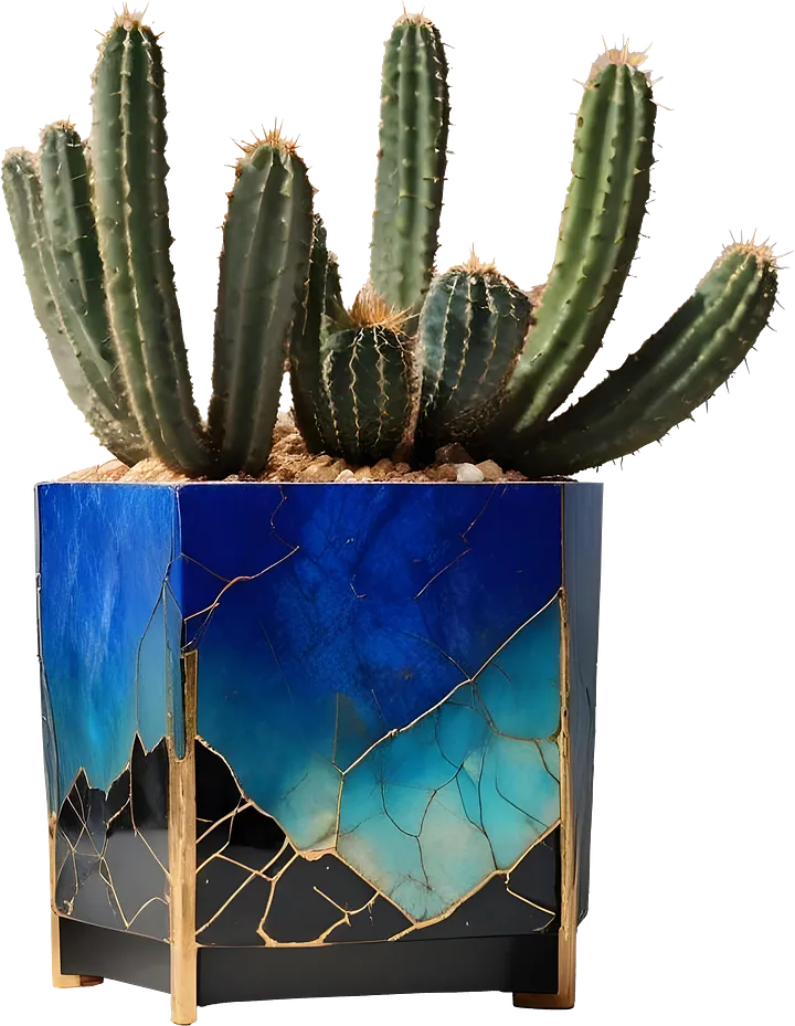 Kintsugi Elegance – Blue Gradient Planter with Gold Repair PNG product image (1)