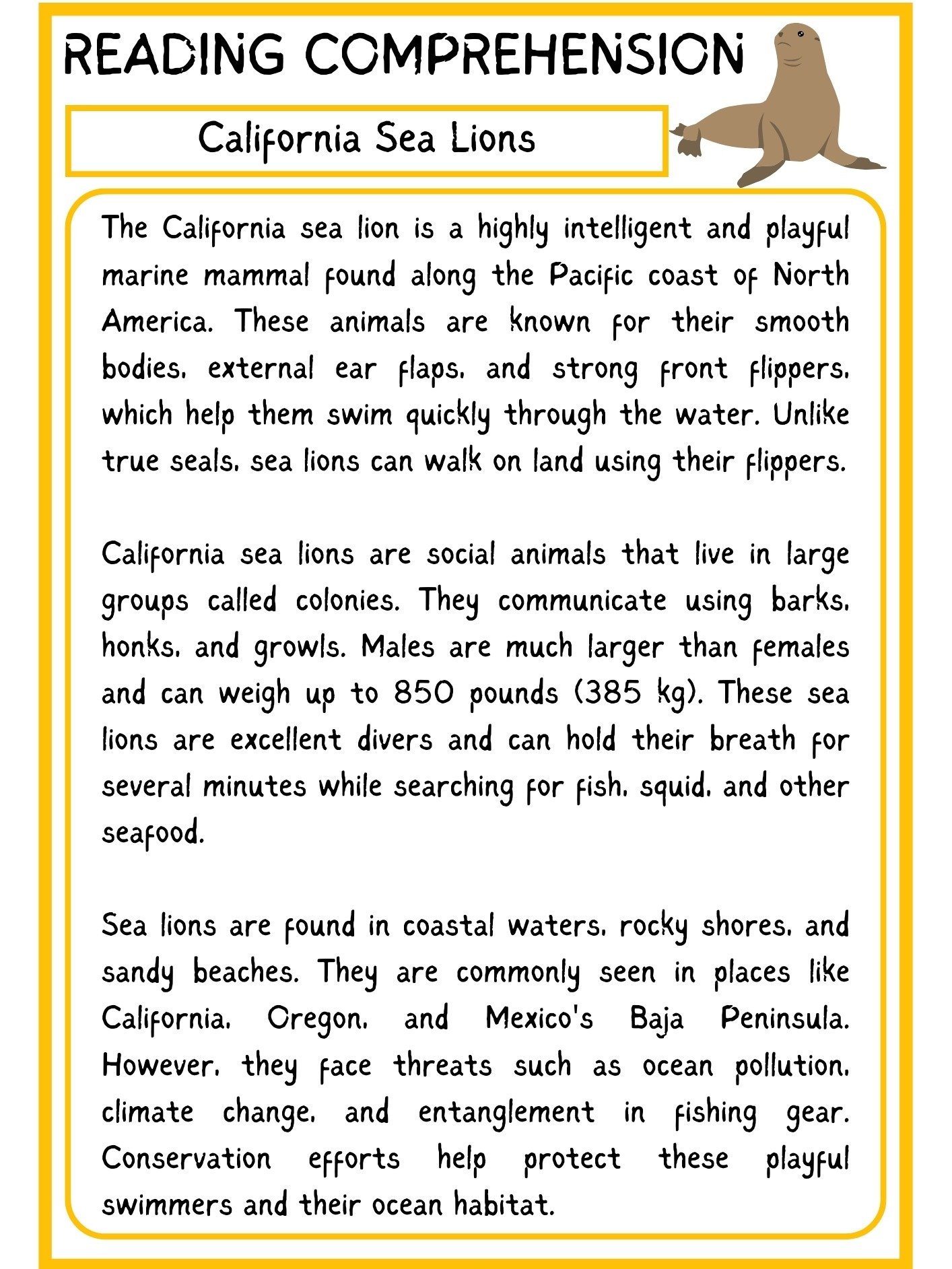 CALIFORNIA SEA LION READING COMPREHENSION PDF product image (2)