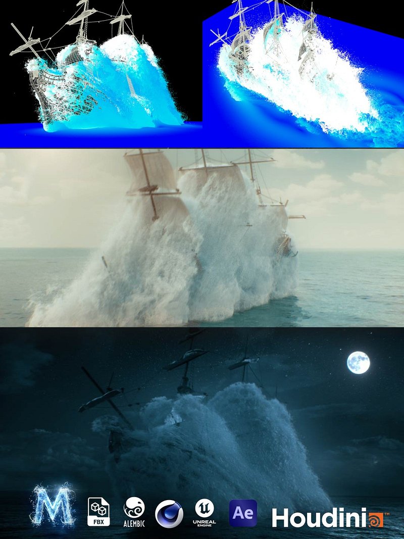 Houdini Pirate Ship Ocean Breach Flip Fluid Project File (.Hip File)