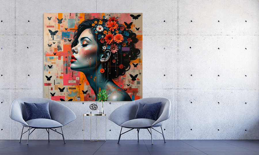 Surreal Portrait Print with Floral Crown and Butterflies – Modern Pop Art Decor product image (4)