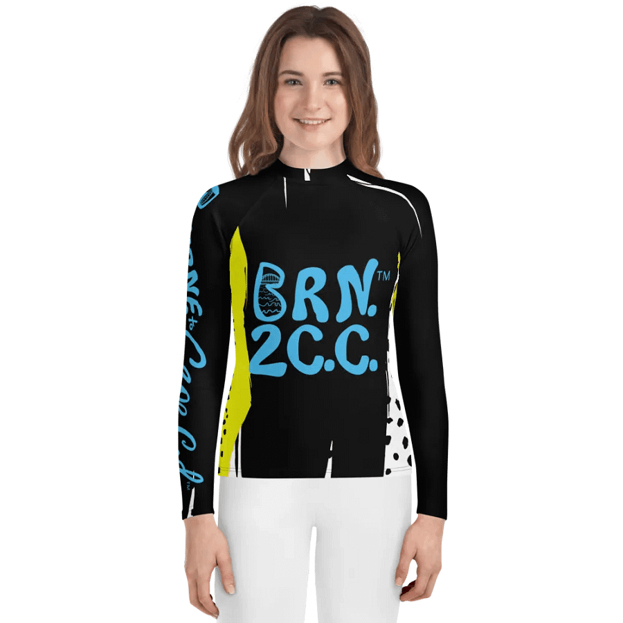 Girls' | YOUTH | Rash Guard | BRN.2C.C.™ Front Graphic | BOURNE to Cape Cod™ Sleeve & Back Logo | Coastal Swim Shirt for Kids | UV Protection Activewear | Blue Logo | Animal Abstract product image (1)