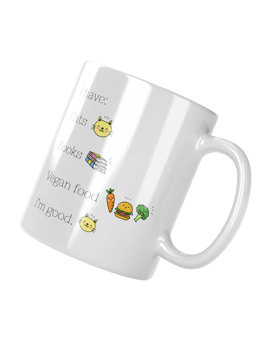 “Cats, Books, and Vegan Food” Coffee or Tea Mug product image (2)
