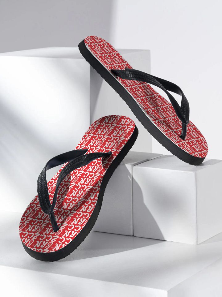 BOURNE to Flip Flop™ | Cape Cod Vibes for Your Soles | Mini BRN.2C.C. Logo Repeat Sandals | White Logo on Lobster Red product image (2)