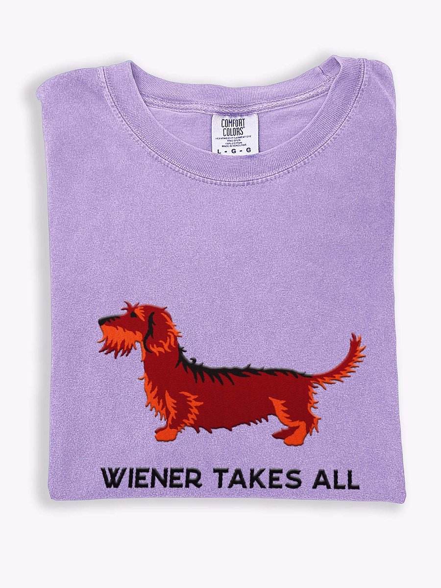 Wiener Takes All T-Shirt(Embroidered) of a Wirehaired Dachshund(Red & Tan) product image (1)