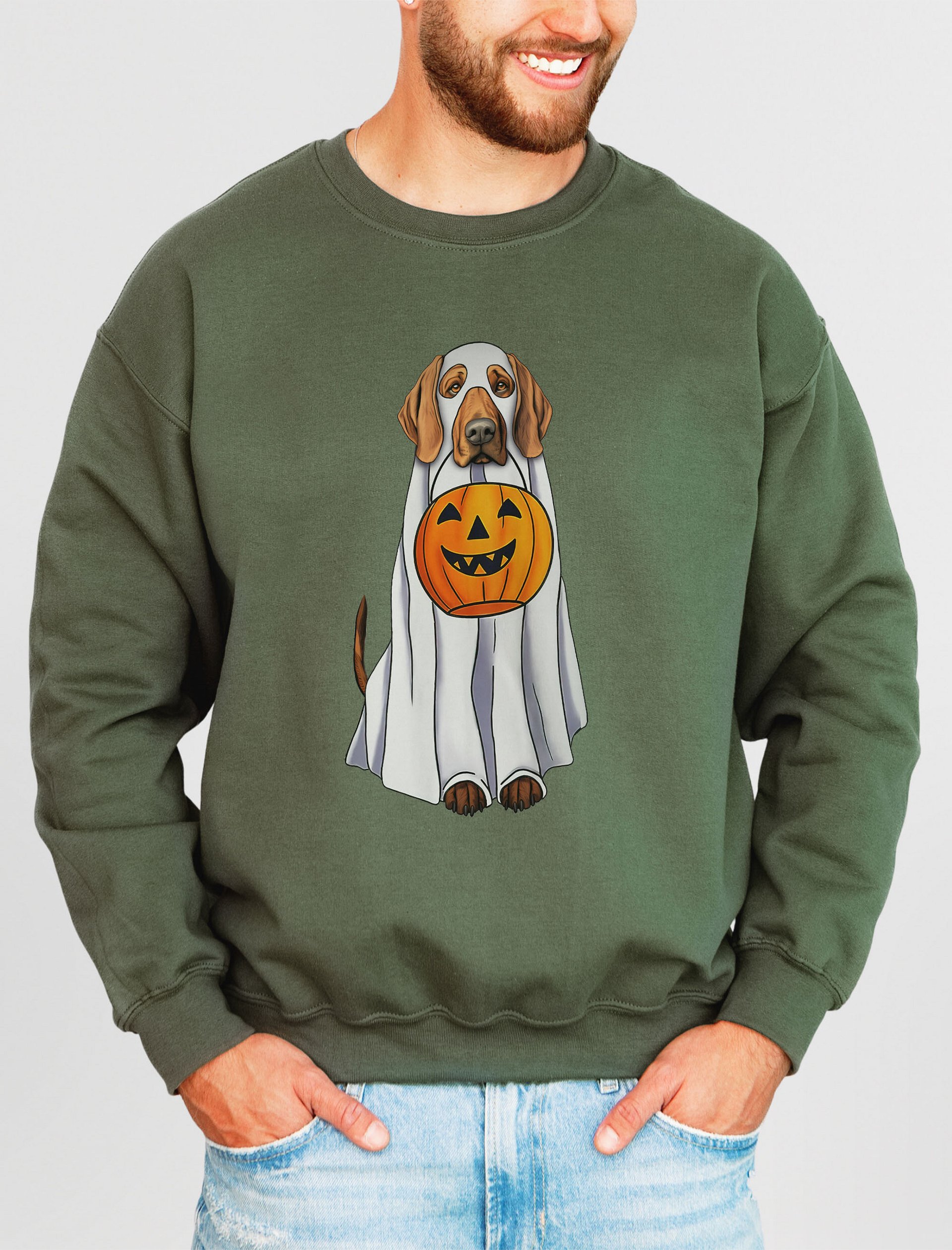 Redbone Coonhound Halloween Sweatshirt | Funny Fall and Halloween Coonhound Wearing Ghost Costume with Pumpkin Basket product image (19)