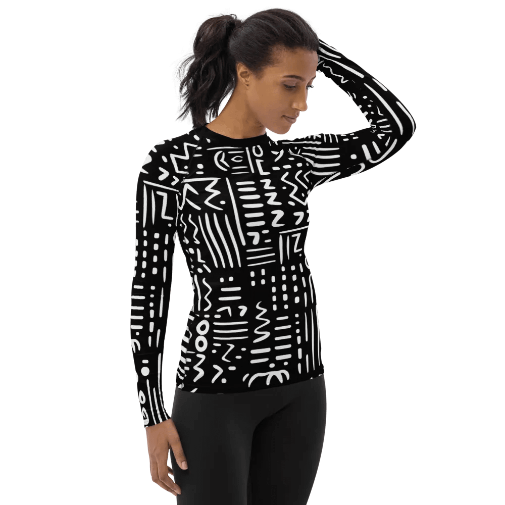 Dynamic Contrast: Black and White African Graphic Design All-Over Print Women's Rash Guard product image (5)