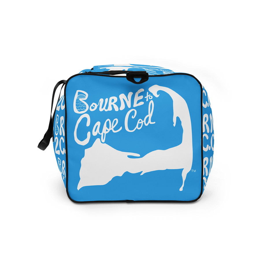 BOURNE to Cape Cod™ | Duffle Bag | BRN.2C.C.™ | Coastal Gym & Travel Gear | 22" All-Over Print Weekender | White Logos on Deep Sky Blue product image (9)