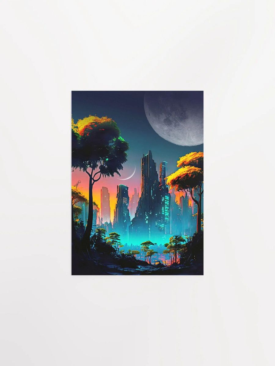 Neon cyberpunk city in a forest with Moons — surreal space collage art, futuristic sci-fi collage product image (6)