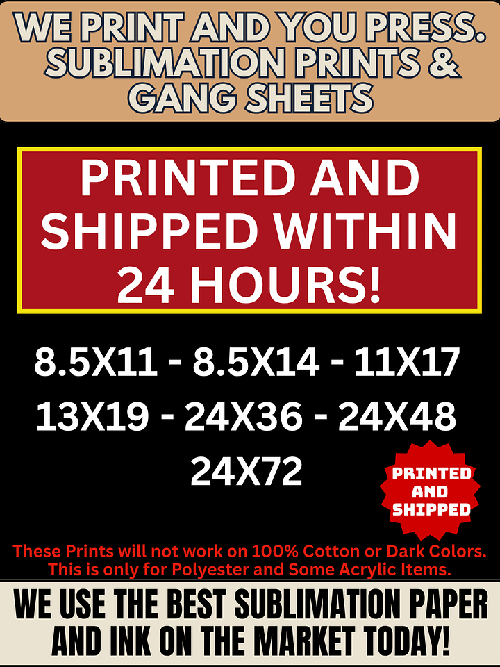 We Print and You Press - Sublimation Transfer Prints - Individual Sheets or Gang Sheet product image (2)