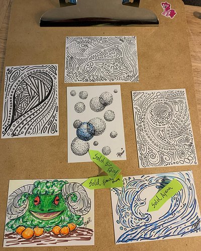 Had fun drawing on stream today. Took a few request/suggestions and even found homes for three of the five drawings. Find me ...