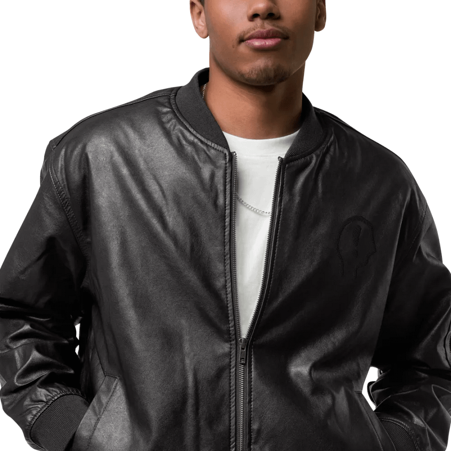 EXCLAIMING MENTALLY monochrome black embroidered faux leather jacket product image (6)