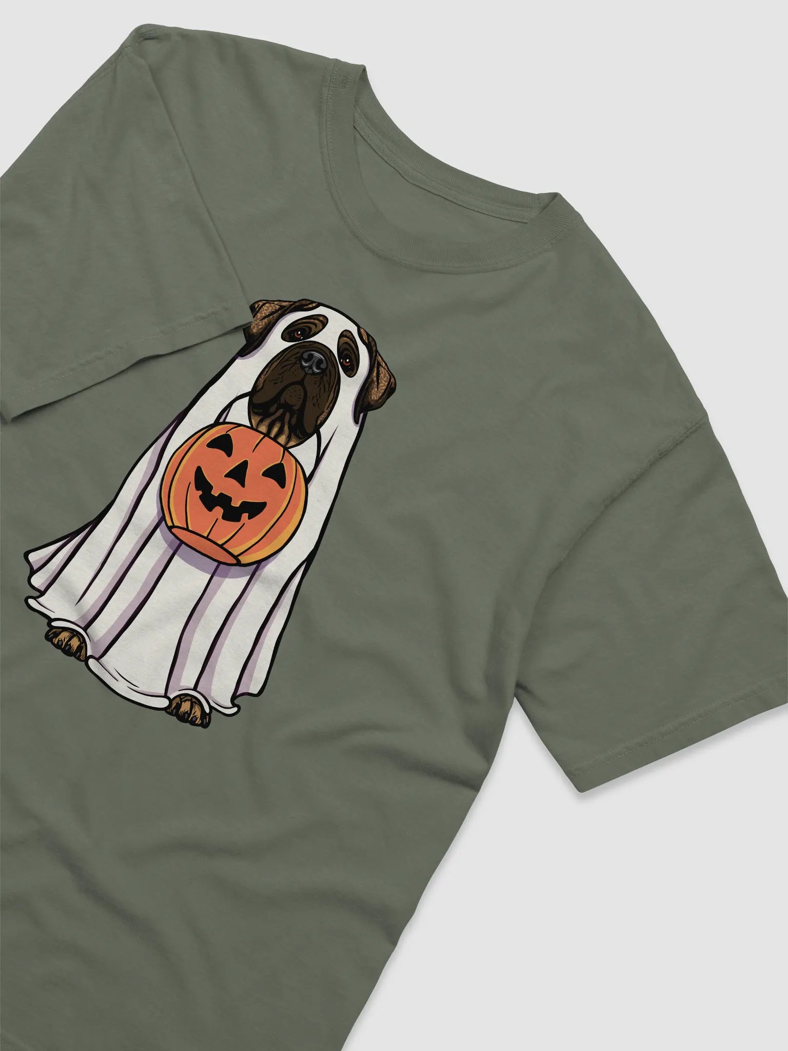 Funny Halloween English Mastiff(Brindle) T-Shirt | Funny English Mastiff Wearing a Ghost Costume and Holding a Pumpkin Basket product image (10)