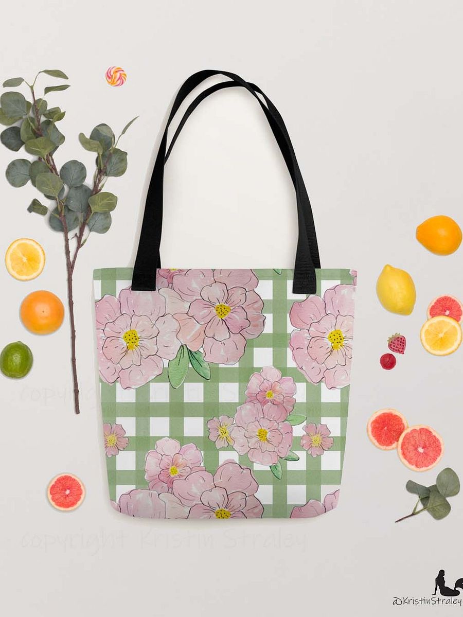 Gingham Blossoms - Lg Pink Flowers on Green Gingham product image (7)