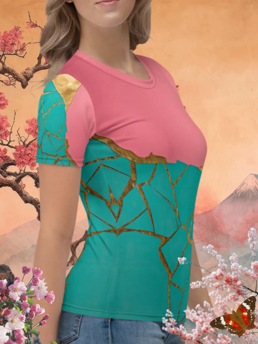 Coral & Teal Kintsugi Fusion Print T-Shirt product image (3)