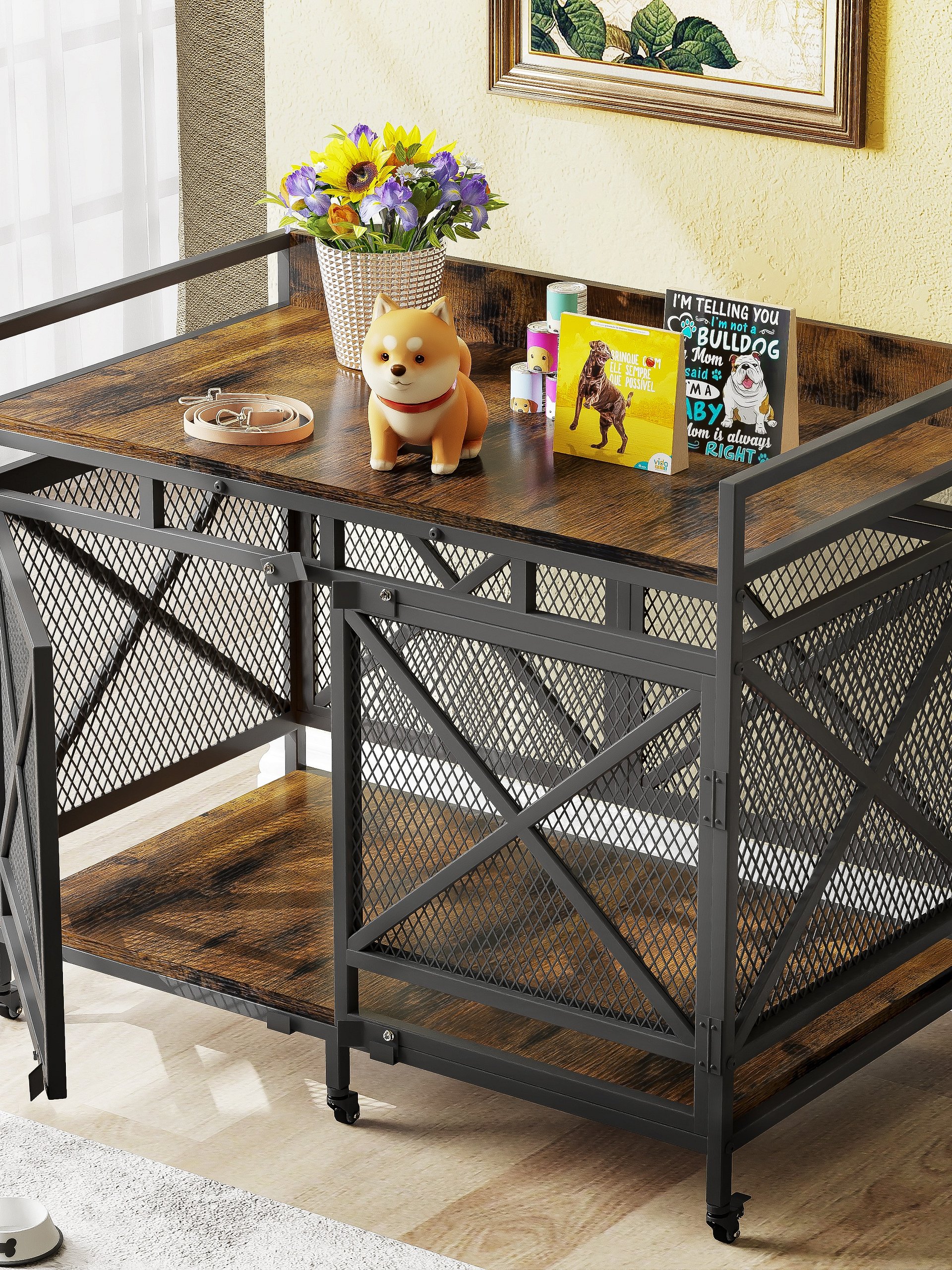 48 inch Dog Crate Furniture for Large Breeds (Up to 90 lb), Wooden & Steel, 360° Casters, Waterproof Top, Steel Lock,Vintage Brown product image (10)