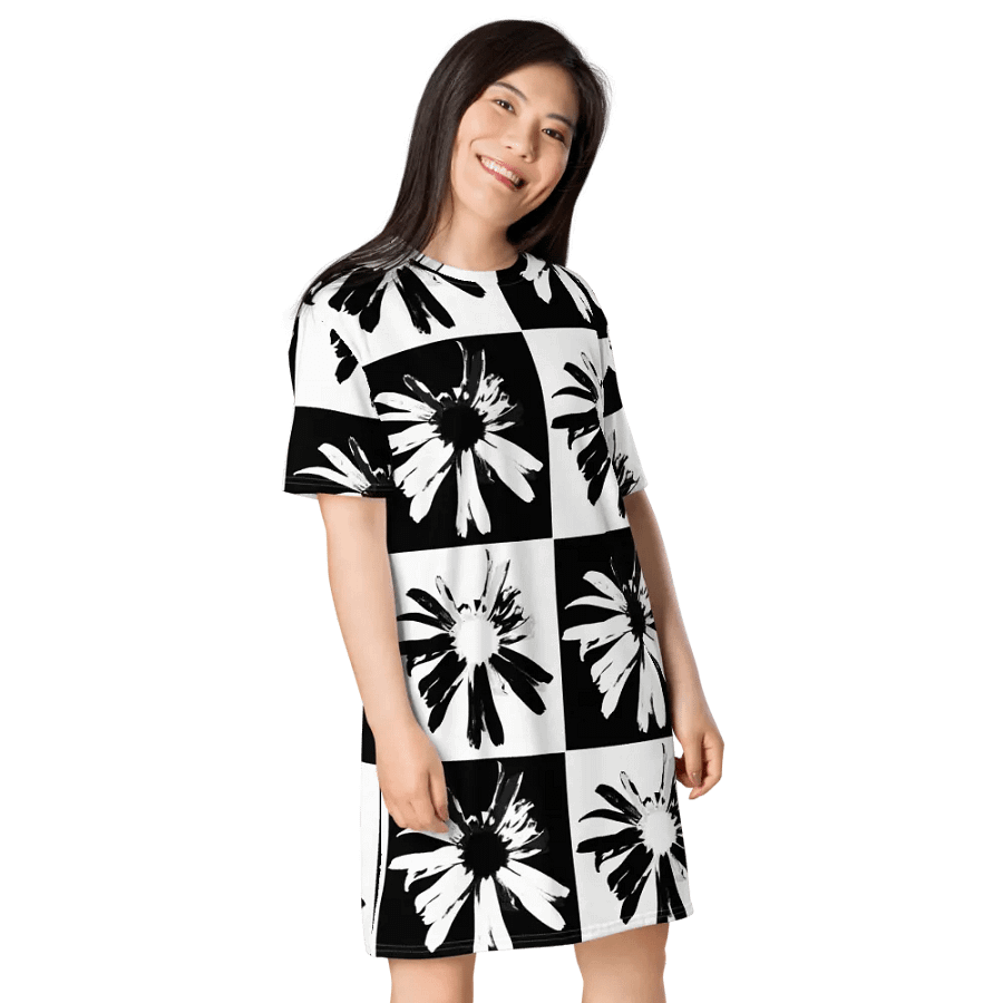 Abstract Black and White Daisy Flowers Ladies T Shirt Dress product image (10)