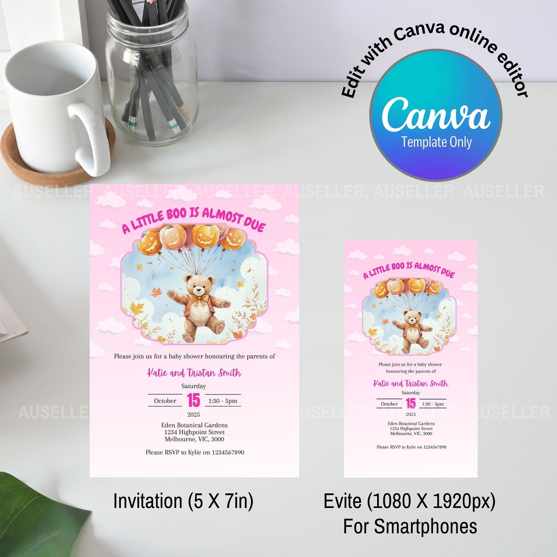 Bear With Pumpkin Balloons and Clouds Halloween Baby Shower Invitation product image (4)