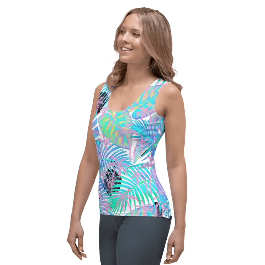 Ladies tank top  all over print blue and pink palm leaf tropical design giving a fresh holiday  feel. product image (5)